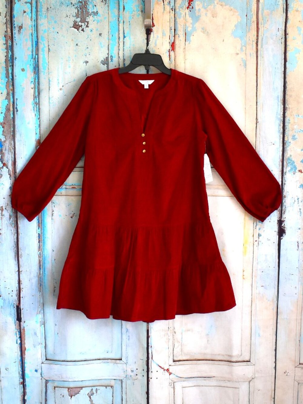 Women's Time And Tru Tiered Dress Corduroy Pullover Long Sleeve SMALL Red NEW